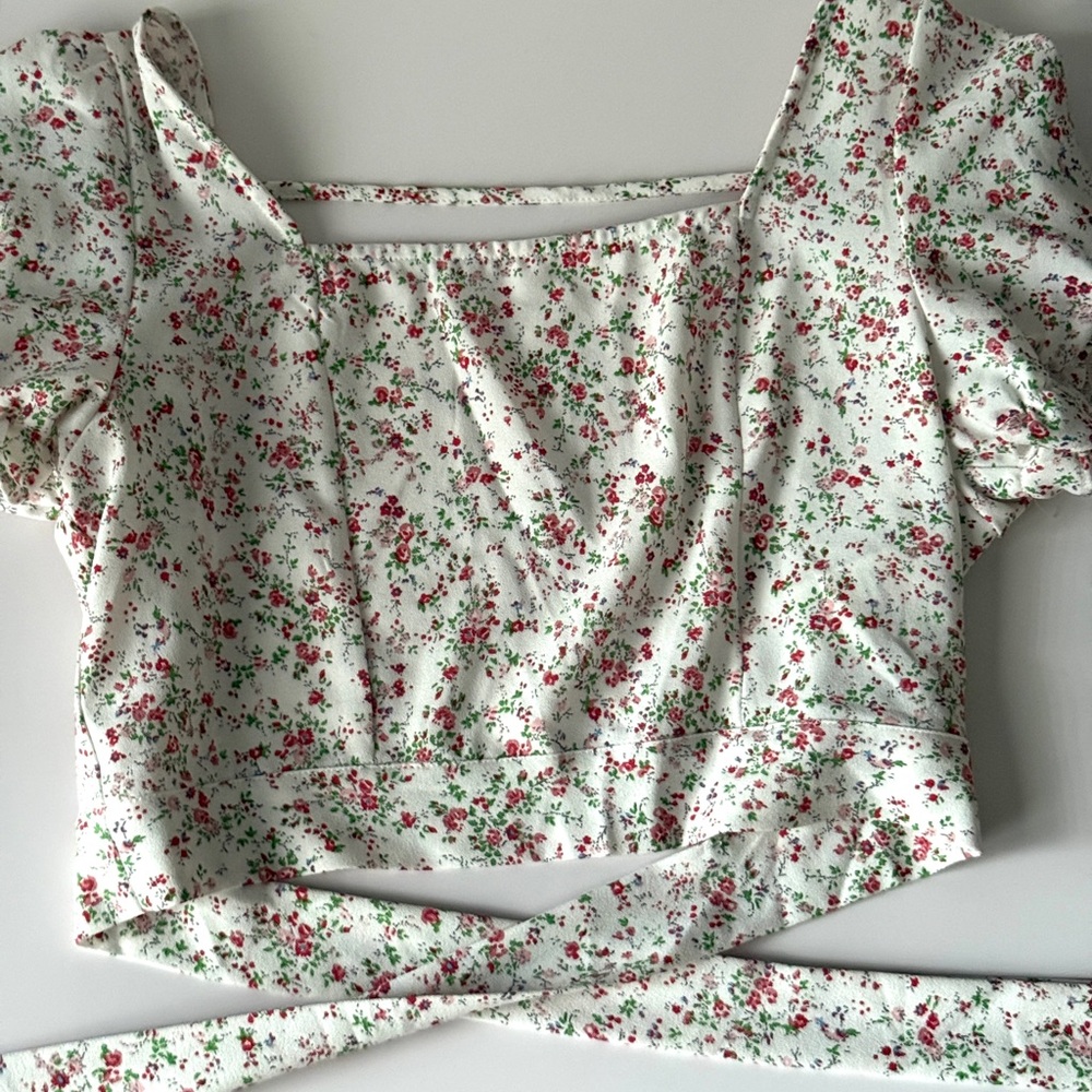 Floral Square-Neck Crop Top - White with pink & Green Floral- Open Back